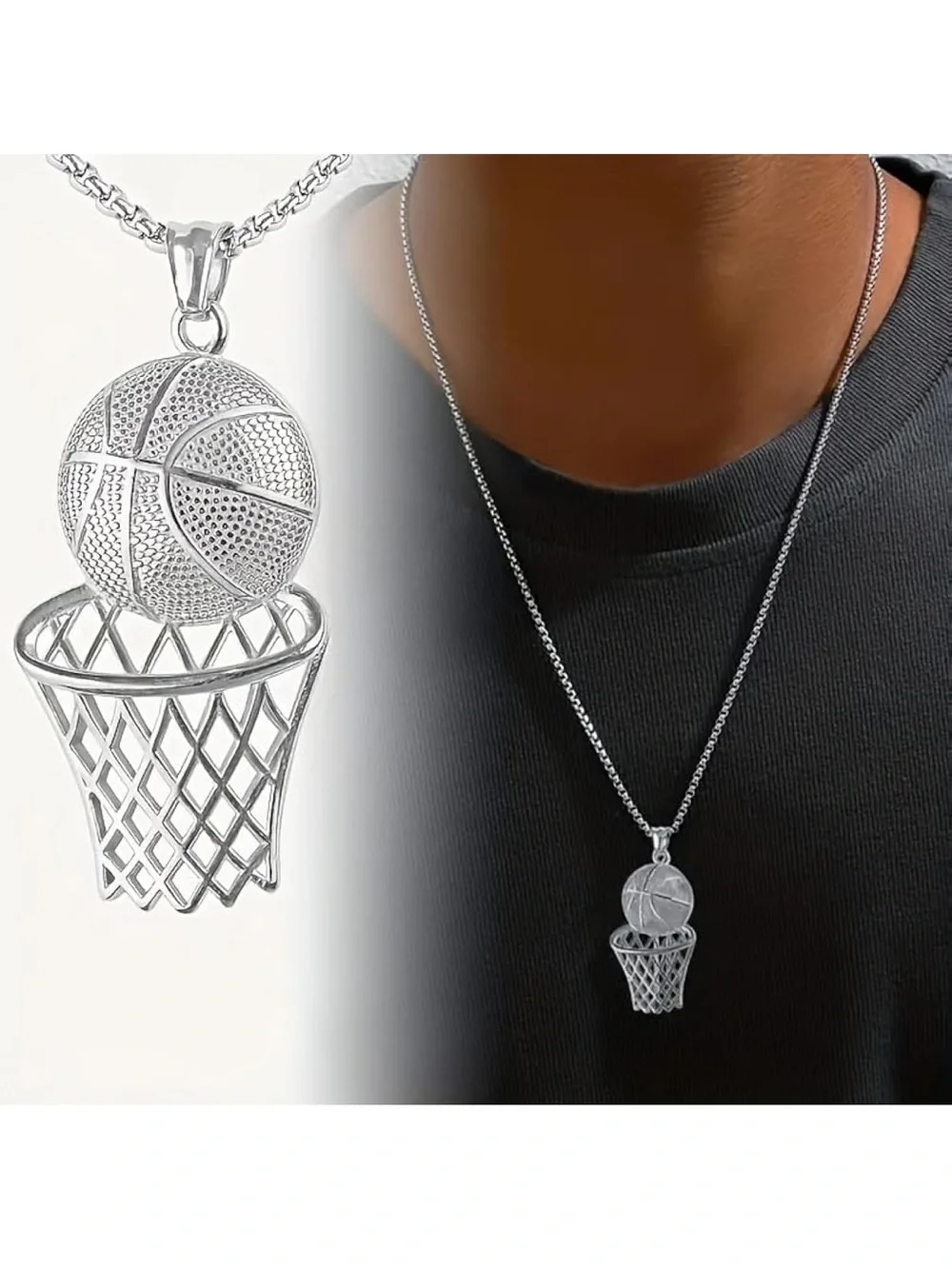 Silver Basketball Hoop Pendant Necklace - Sporty Silver Charm C51